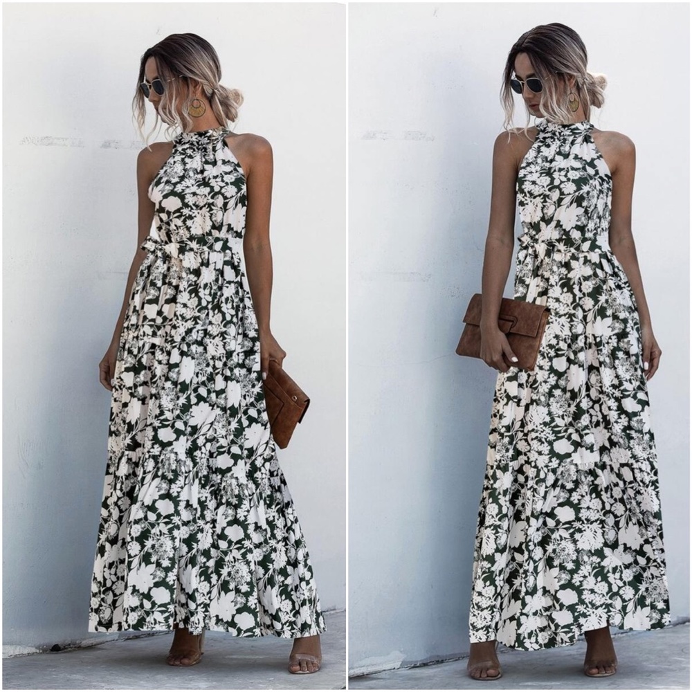 Boho Pastel Green Floral Print Halter Maxi Dress Ruffle - Picture 6 of 13